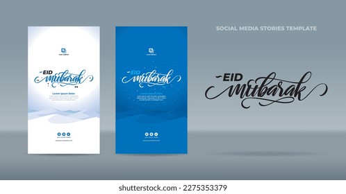 Handgeschriebene Eid Mubarak-Grüße auf blauem, grünem und weißem Wüstenhintergrund - Flaches Design-Template für Geschichten, Post in sozialen Medien