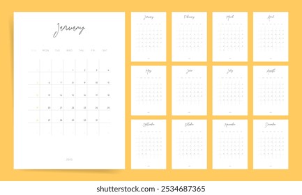 Elegância manuscrita 2025 Calendário para parede e mesa. Layout minimalista com um delicado design de calendário manuscrito.