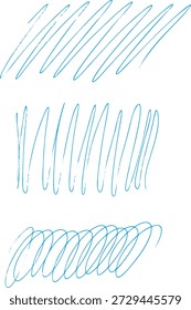 Elementos escritos a mano dibujados con bolígrafo azul aislado sobre fondo blanco.