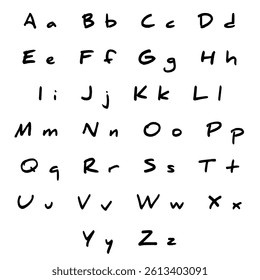 Handwritten English Alphabet Chart Featuring Uppercase and Lowercase Letters in Black Ink on White Background