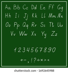Handwritten English, Latin alphabet, numbers and punctuation marks are written in chalk on a green school Board
