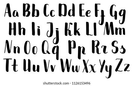 Handwritten English Letters. Black Vector Alphabet On White Background. Brush Pen Script Isolated. Handwritten Font With Capital And Small Letter. Uppercase And Lowercase. Handdrawn Vector Lettering