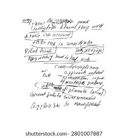 Handwritten English notes with strike through and messy letters. Brainstorming process and creative idea development. Scribbled thoughts and strategy documentation for business project planning.