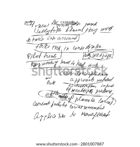 Handwritten English notes with strike through and messy letters. Brainstorming process and creative idea development. Scribbled thoughts and strategy documentation for business project planning.