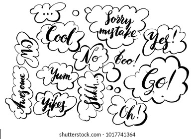 Handwritten exclamation and words inside hand drawn callout clouds. Lettering. Vector illustration with drawn words.