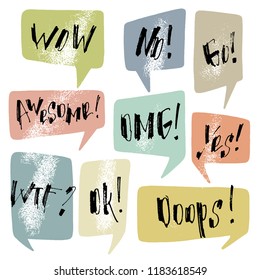 Handwritten exclamation and words inside hand drawn callout clouds. Lettering in geometric textured speech bubbles. Vector illustration with drawn words.