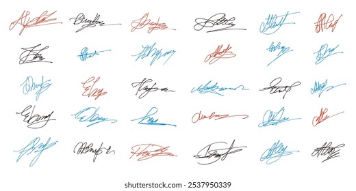 Firmas de garabatos falsas escritas a mano en tinta. Colección autógrafa distintiva. 