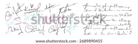 Handwritten fake signature collection with cursive text letter samples in colorful ink strokes on white background. Penmanship styles autographs for document design or authentication purposes.
