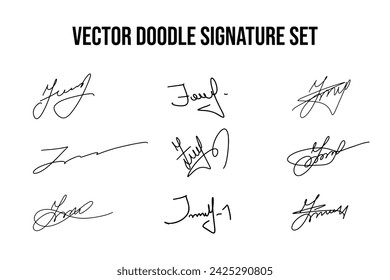 Handwritten fake signature set. Collection of vector fictitious autograph doodles on J letter. Business documentation lettering.