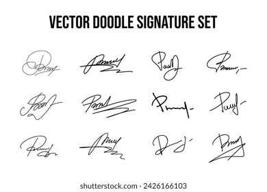 Handwritten fake signature set. Collection of vector fictitious autograph doodles on P letter. Scrawl lettering for business, signing of documents, certificates and contracts.