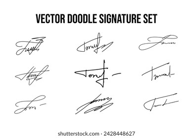 Handwritten fake signature set. Collection of vector fictitious autograph doodles on T letter. Scrawl lettering for business, signing of documents, certificates and contracts.