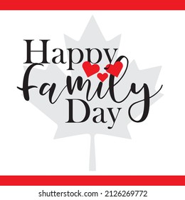 handwritten family day calligraphy with red heart. social media post template with white text on red background with Canadian maple leaf