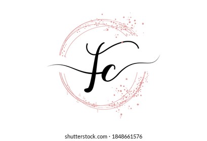 Handwritten FC F C letter logo with sparkling circles with pink glitter. Decorative vector illustration with F and C letters.