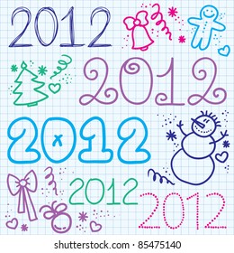 handwritten figure of 2012 year and funny xmas elements