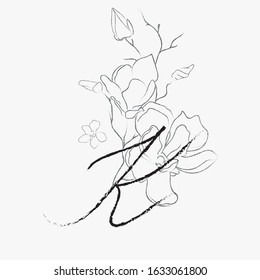 Handwritten Floral Logo Template. Line Drawing Monogram K with Magnolia Flower, 