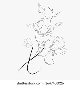 Handwritten Floral Logo Template. Line Drawing Monogram X with Magnolia Flower, Plants, Branches, Leaves. Design Element Vector Illustration. Branding. Wedding, photography, art, studio