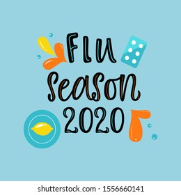 Handwritten FLU SEASON 2020 with varios means and mediciness on blue background. Vector illustration in flat cartoon style.