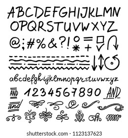 Handwritten font with additional symbols and flourish elements for design. 