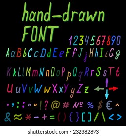 Handwritten font. Alphabet, numbers and symbols. Vector illustration.