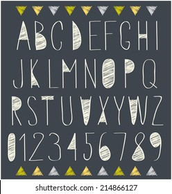 handwritten font, hand drawn sketch alphabet and numbers