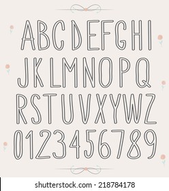 handwritten font, hand drawn sketch alphabet and numbers