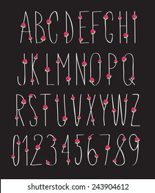 handwritten font, hand drawn sketch alphabet and numbers with flowers