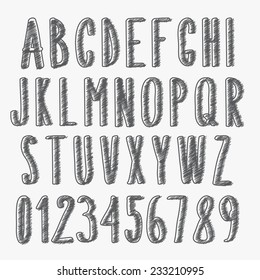 handwritten font, scribbled alphabet and numbers