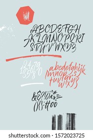 Handwritten font. Script. Calligraphic set with numbers and punctuation