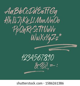 Handwritten font. Script. Calligraphic type set with swashes on green