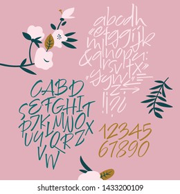Handwritten font. Script. Latin calligraphic set with gentle pink flowers