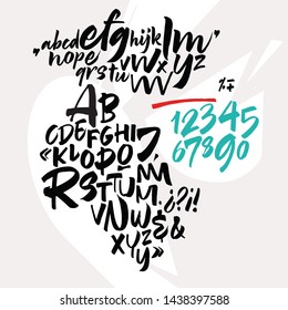 Handwritten font. Script. Latin calligraphic set with numbers and punctuation