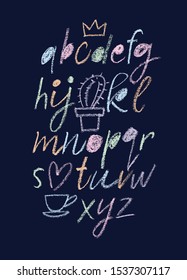 Handwritten font. Script. Latin calligraphic set with numbers and punctuation written with chalk. Childish alphabet poster