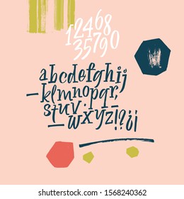 Handwritten font. Script. Latin calligraphic set with numbers and punctuation