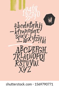 Handwritten font. Script. Latin calligraphic set with numbers and punctuation