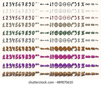 Handwritten font. A set of ten variants in different styles. The numbers and arrows.