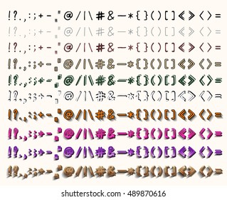 Handwritten font. A set of ten variants in different styles. Brackets and punctuation.