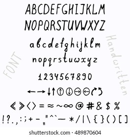 Handwritten font. A set of uppercase and lowercase letters digits punctuation marks and arrows.