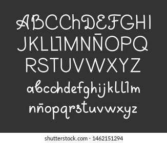 Handwritten font, Spanish, thin, white, vector. White letters on a gray field. Uppercase and lowercase letters.Thin felt-tip pen. Imitation.
 