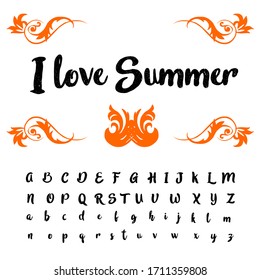 Handwritten fonts and alphabets, calligraphic characters, numbers and vintage vector illustrations named I love summer