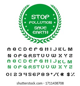 Fuentes y alfabetos manuscritos, caracteres caligráficos, números e ilustraciones vectoriales antiguas denominadas Stop Pollution