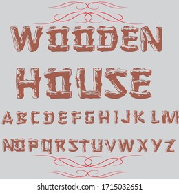 Fuentes y alfabetos manuscritos, caracteres caligráficos, números e ilustraciones vectoriales antiguas denominadas casa de madera