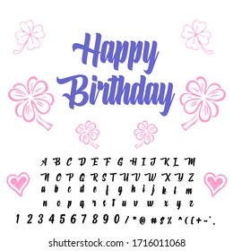Handwritten fonts and alphabets, calligraphic characters, numbers and vintage vector illustrations named Happy Birthday