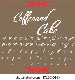 Handwritten fonts and alphabets, calligraphic characters, numbers and vintage vector illustrations named Coffee and Cake