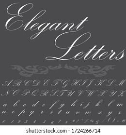 Handwritten fonts and alphabets, letters, typeface scripts, background, calligraphic characters, numbers and vintage vector illustrations named Elegant Letters