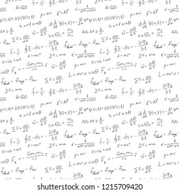 Handwritten formulas background. Scientific seamless pattern. Physics equations and symbols. Hand drawn vector with cursive script. Square black and white illustration with text. Letters and numbers