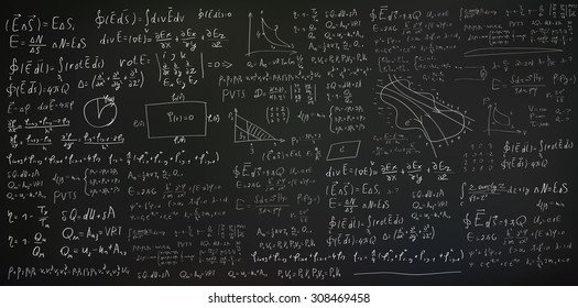 Handwritten formulas and equations on black background, vector eps10 illustration