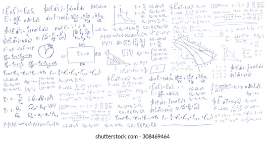 Handwritten formulas and equations on white background, vector eps10 illustration