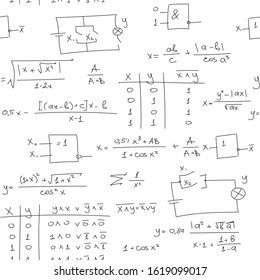 handwritten formulas on a white board. Seamless pattern background