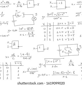 handwritten formulas on a white board. Seamless pattern background