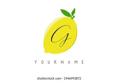 Handwritten G letter logo design with lemon background. Creative vector illustration with lemon and letter G.